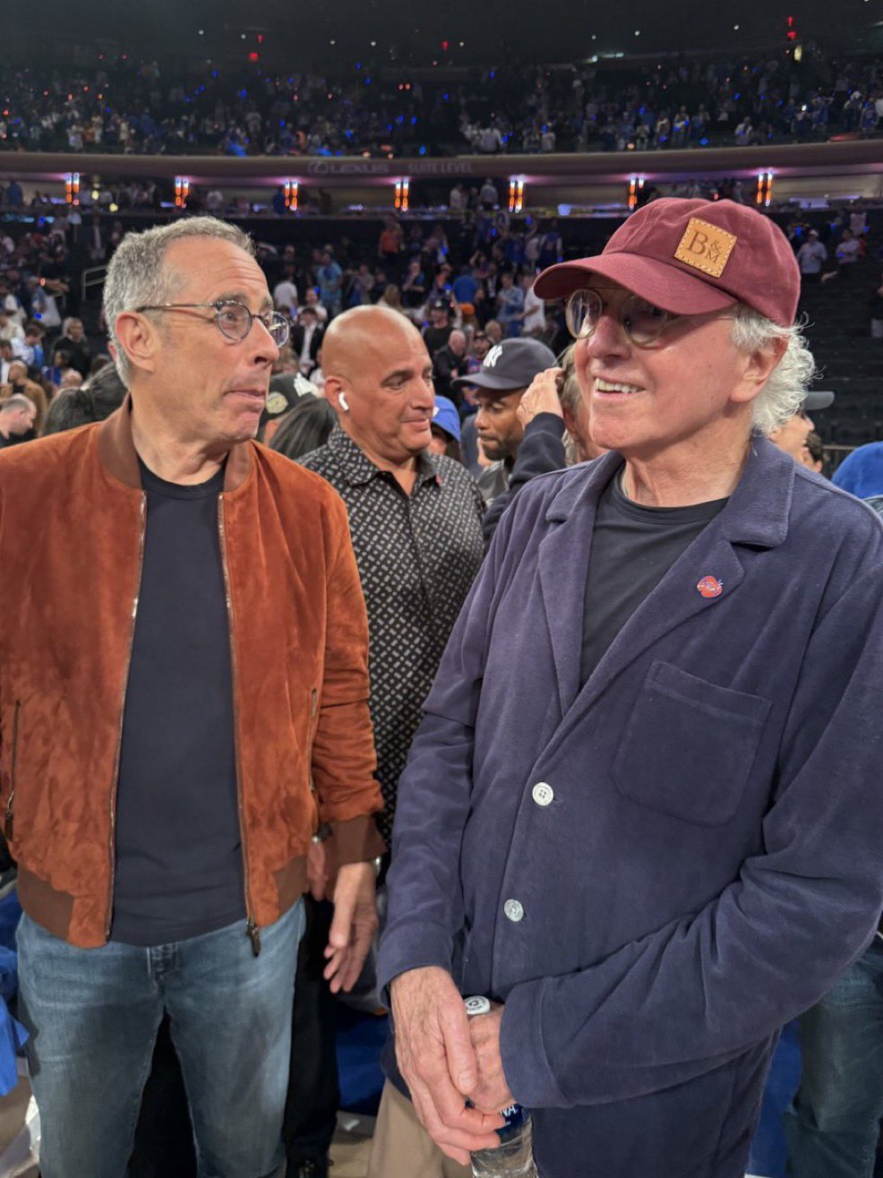 Jerry Seinfeld and Larry David courtside at Madison Square Garden after Game 4