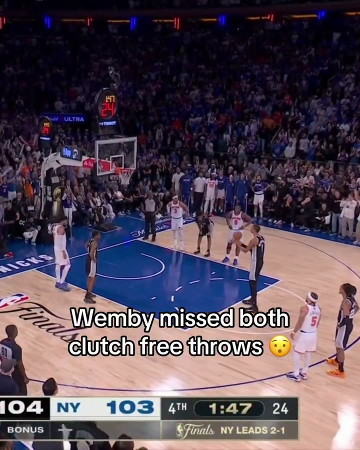 Wembanyama at the free-throw line with 1:47 left in Game 4, missing both attempts